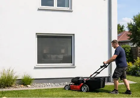 Fliegengitter am Fenster - Insektenschutz für Haus und Garten Mann mäht den Rasen vor einem Hausfenster mit eingesetztem Fliegengitter