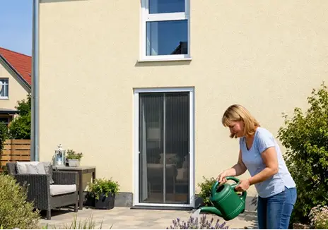 Frau gießt Pflanzen im Garten vor einer Terrassentür mit Fliegengitter-Lamellenvorhang