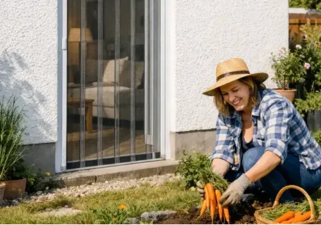 Frau arbeitet im Garten neben einer Terrassentür mit Fliegengitter-Lamellenvorhang