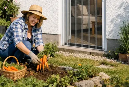 Frau im Garten neben einer Terrassentür mit Fliegengitter-Lamellenvorhang