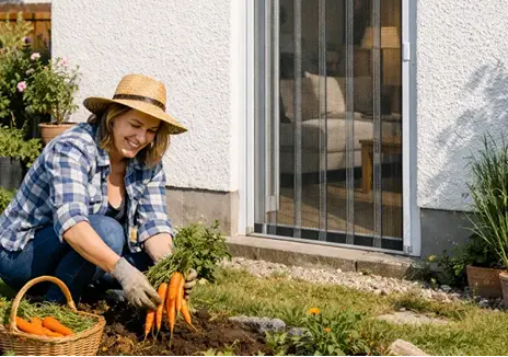 Frau erntet Karotten im Garten neben einer Tür mit Insektenschutzgitter