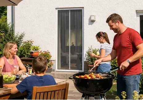 Familie beim Grillen auf der Terrasse vor einer Tür mit Insektenschutzgitter
